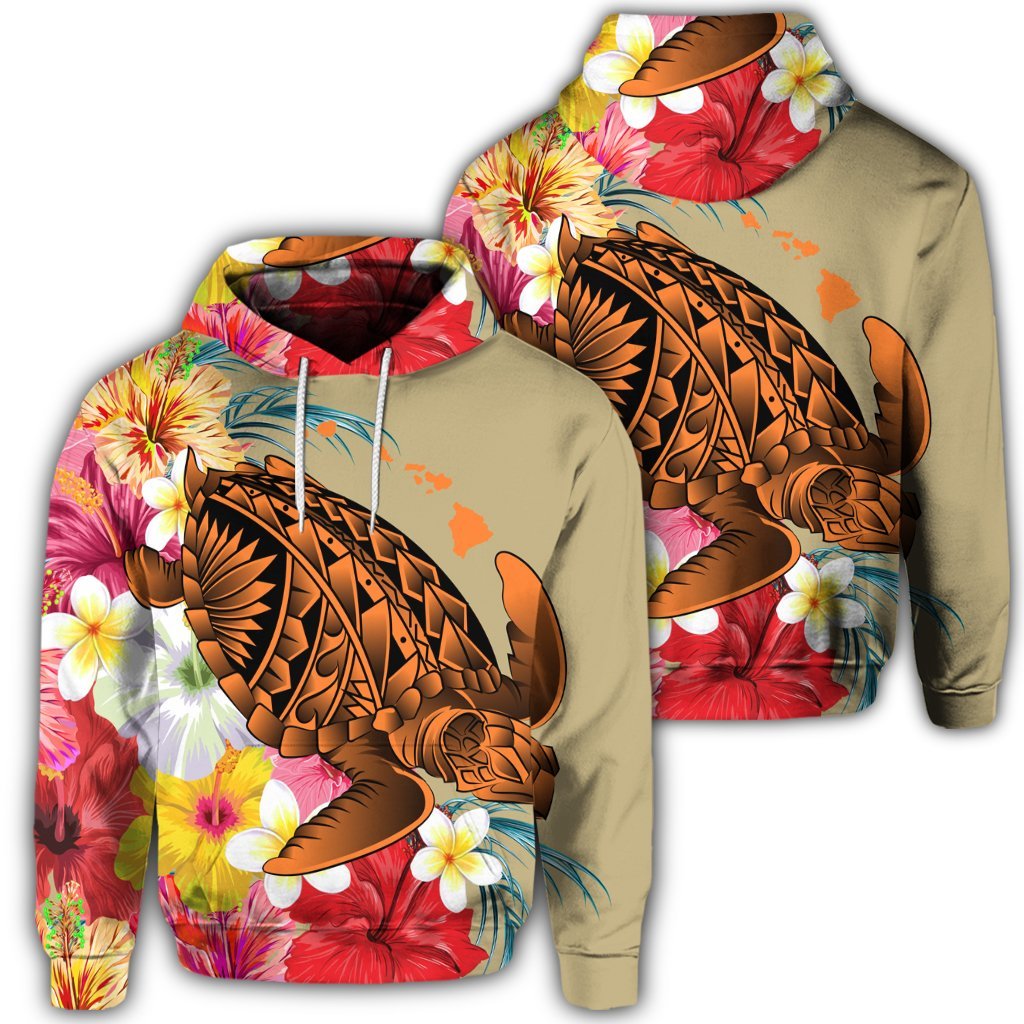 Hawaiian Tropical Turtle Hibiscus and Plumeria Hoodie Unisex Art - Polynesian Pride