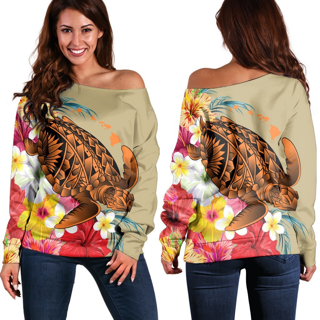 Hawaii Tropical Turtle Hibiscus And Plumeria Women's Off Shoulder Sweater - AH Black - Polynesian Pride