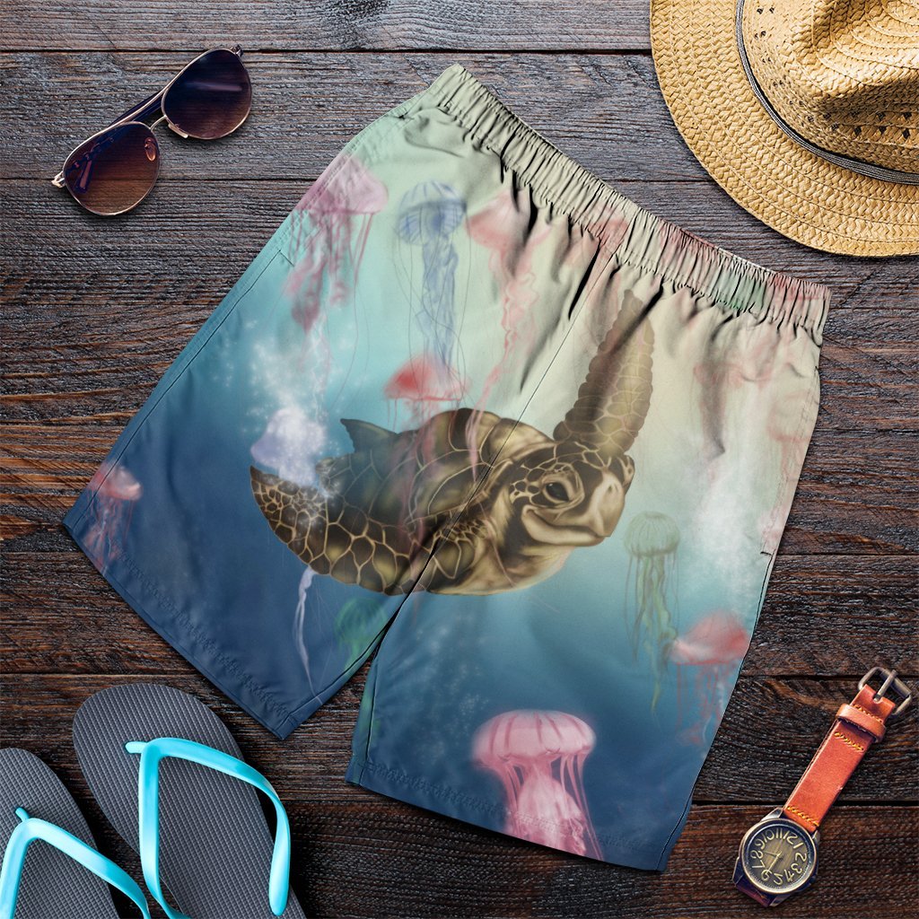 Hawaii Turtle And Jellyfish In Deep Sea Moana Men's Shorts - AH Art - Polynesian Pride