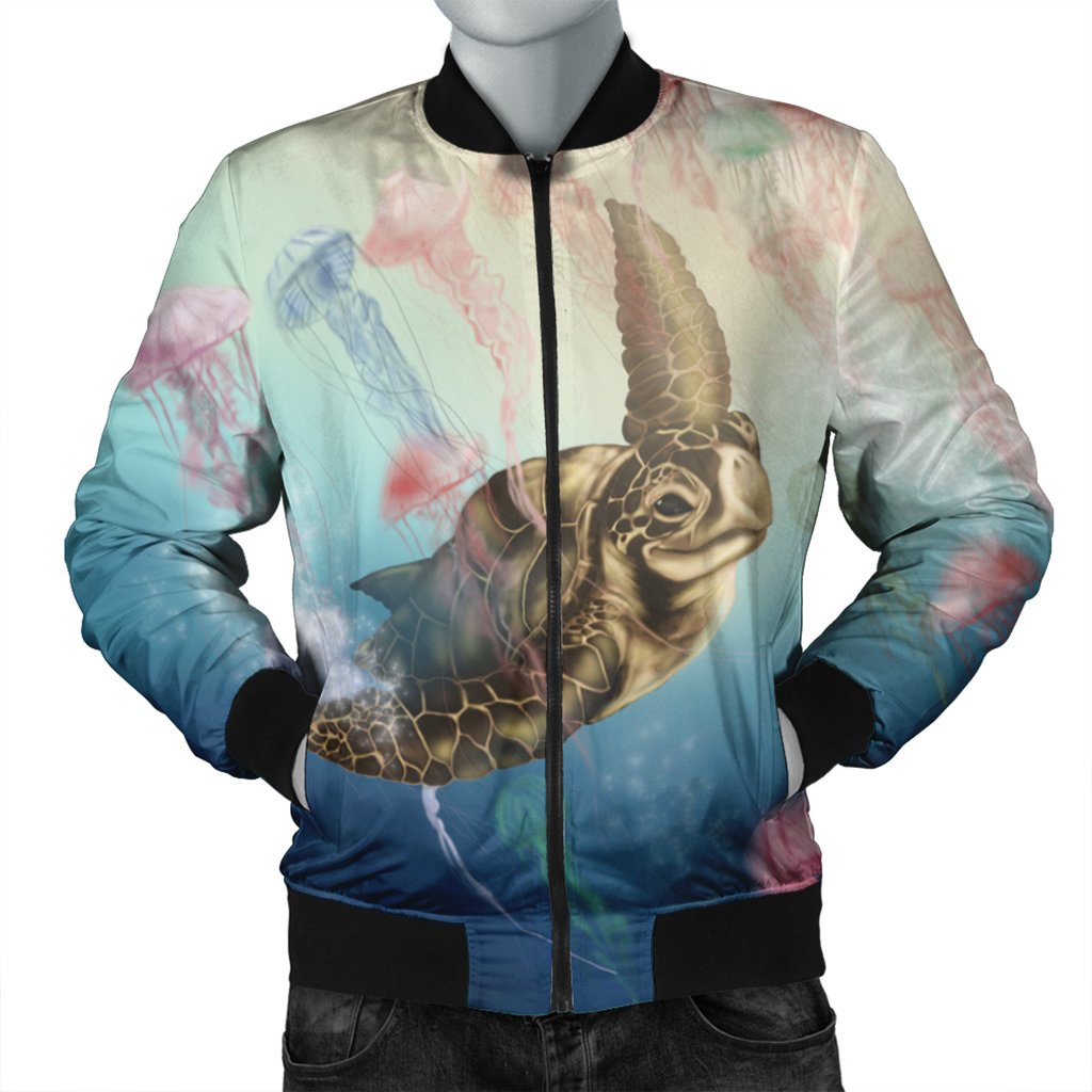 Hawaii Turtle And Jellyfish In Deep Sea Moana Bomber Jacket - AH Black Unisex - Polynesian Pride