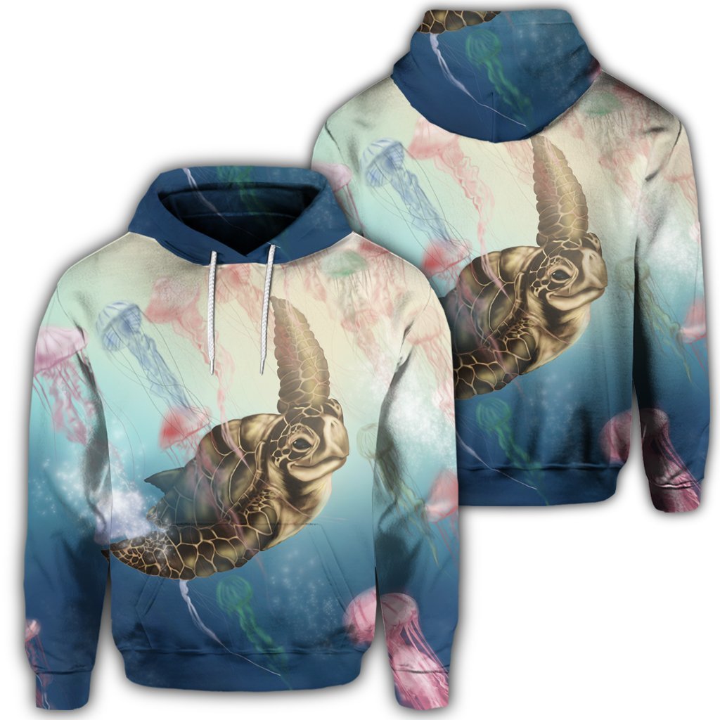 Hawaiian Turtle and Jellyfish In Deep Sea Moana Hoodie Unisex Art - Polynesian Pride