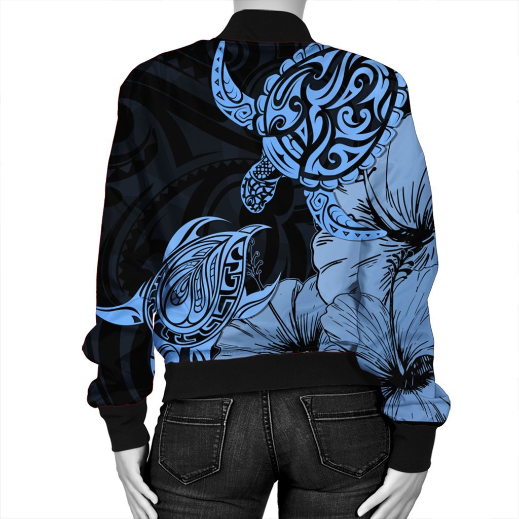 Hawaii Turtle Bomber Jacket Polynesian Hibiscus Art Blue - AH - Polynesian Pride