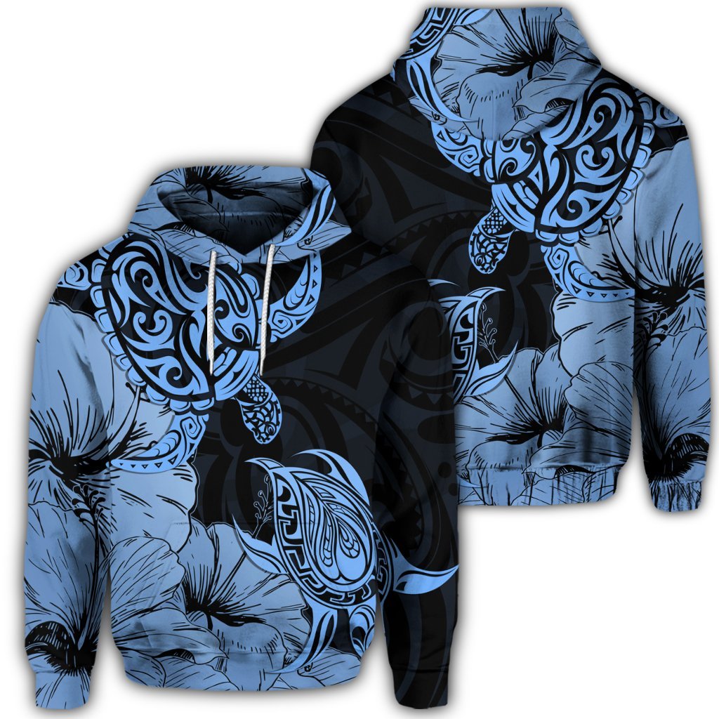 Hawaiian Turtle Hoodie Polynesian Hibiscus Art Blue Unisex Art - Polynesian Pride