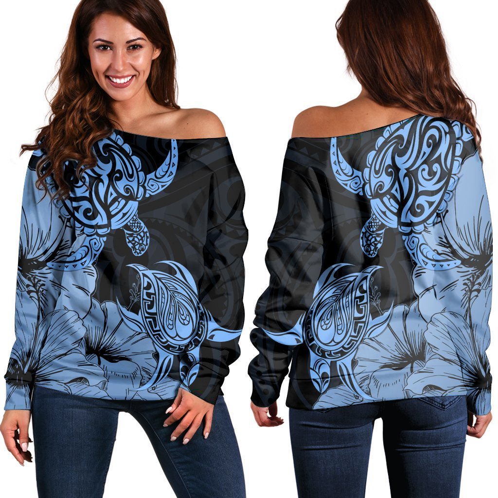 Hawaii Turtle Women's Off Shoulder Sweater Polynesian Hibiscus Art Blue - AH Black - Polynesian Pride