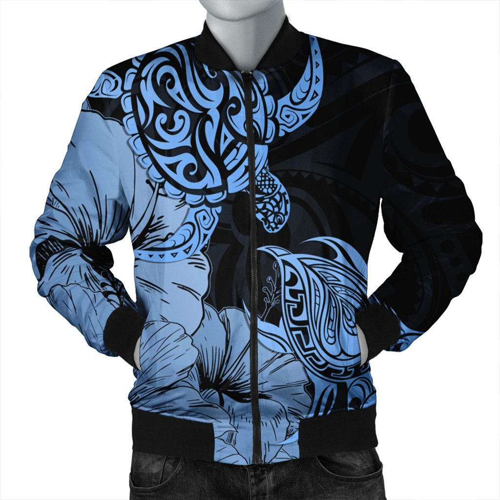 Hawaii Turtle Bomber Jacket Polynesian Hibiscus Art Blue - AH Black Unisex - Polynesian Pride