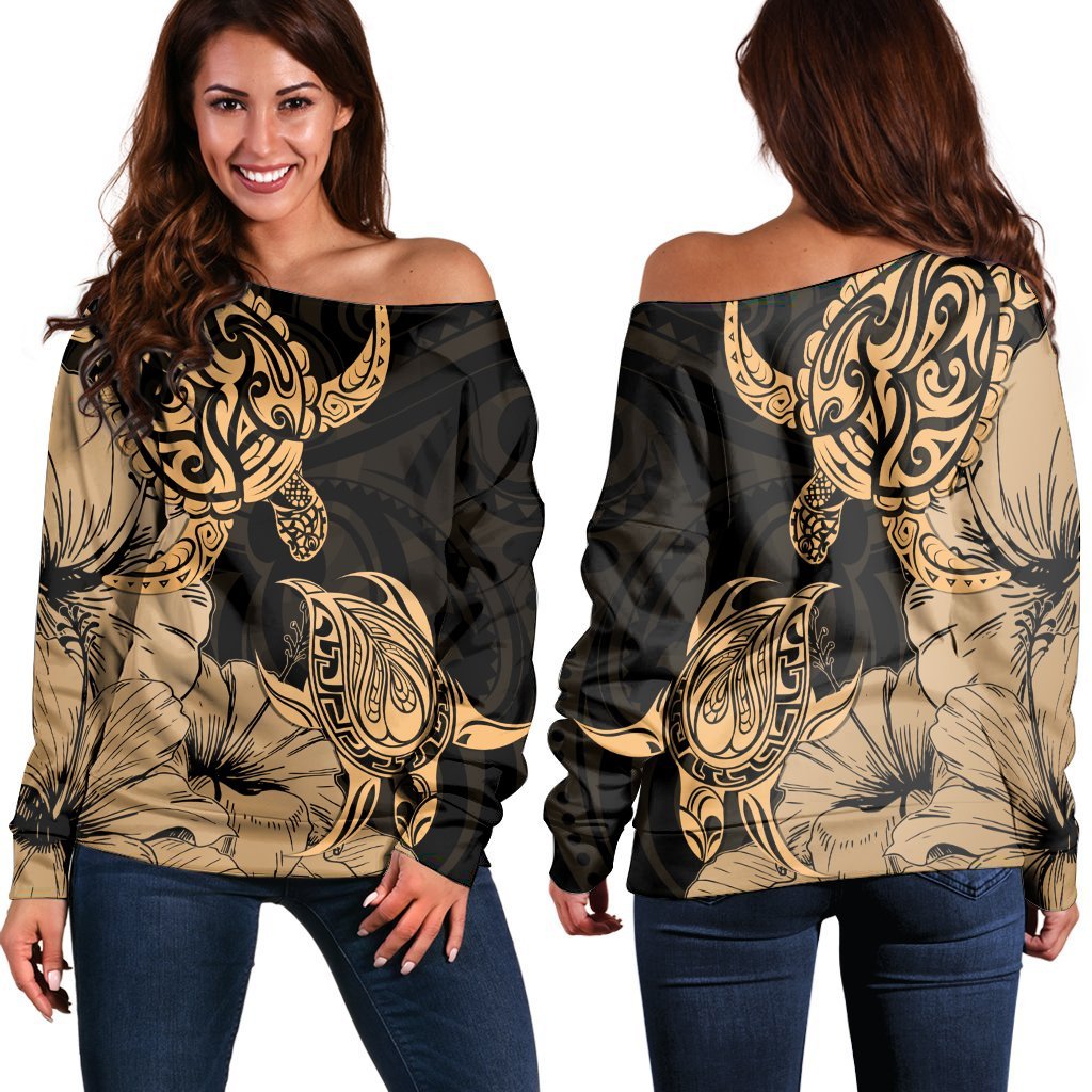 Hawaii Turtle Women's Off Shoulder Sweater Polynesian Hibiscus Art Gold - AH Black - Polynesian Pride