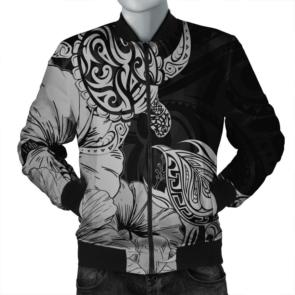 Hawaii Turtle Bomber Jacket Polynesian Hibiscus Art Gray - AH Black Unisex - Polynesian Pride