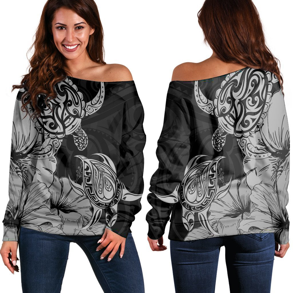 Hawaii Turtle Women's Off Shoulder Sweater Polynesian Hibiscus Art Gray - AH Black - Polynesian Pride