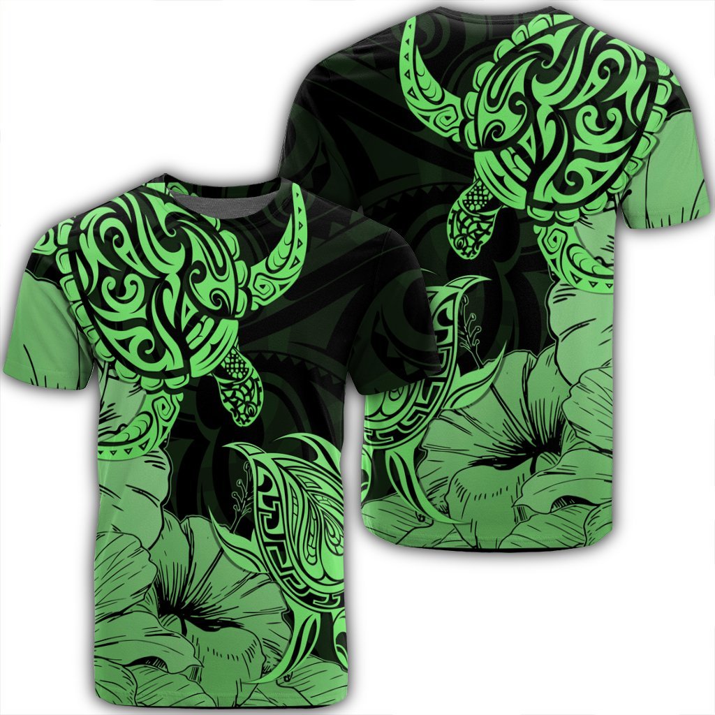 Hawaii Turtle T Shirt Polynesian Hibiscus Art Green Unisex Black - Polynesian Pride