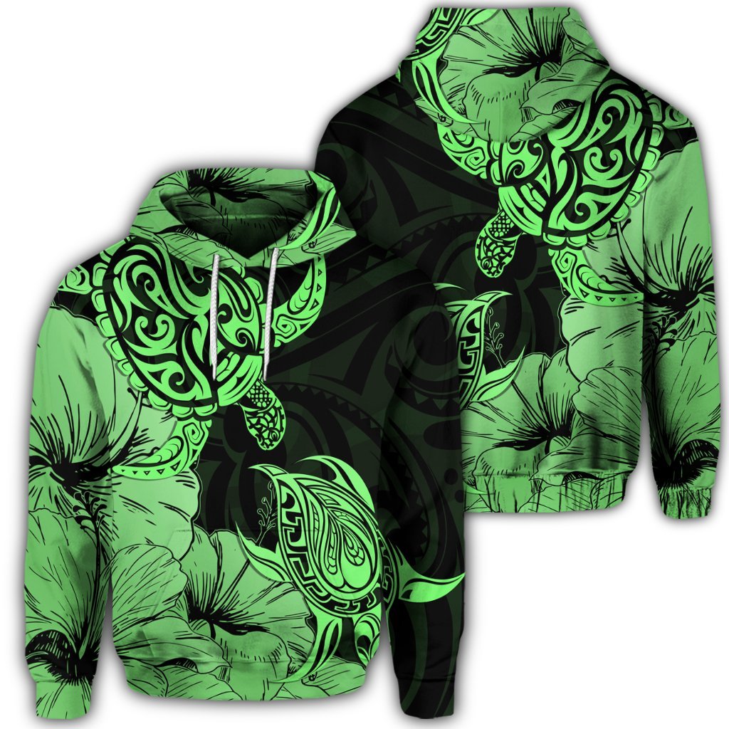 Hawaiian Turtle Hoodie Polynesian Hibiscus Art Green Unisex Art - Polynesian Pride