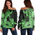 Hawaii Turtle Women's Off Shoulder Sweater Polynesian Hibiscus Art Green - AH Black - Polynesian Pride