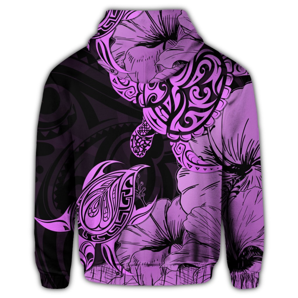 Hawaii Turtle Zip Hoodie Polynesian Hibiscus Art Pink - Polynesian Pride