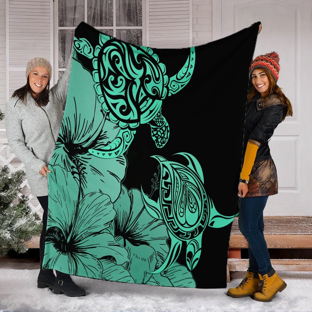 Hawaii Turtle Premium Blankets Polynesian Hibiscus Art Turquoise - AH - Polynesian Pride
