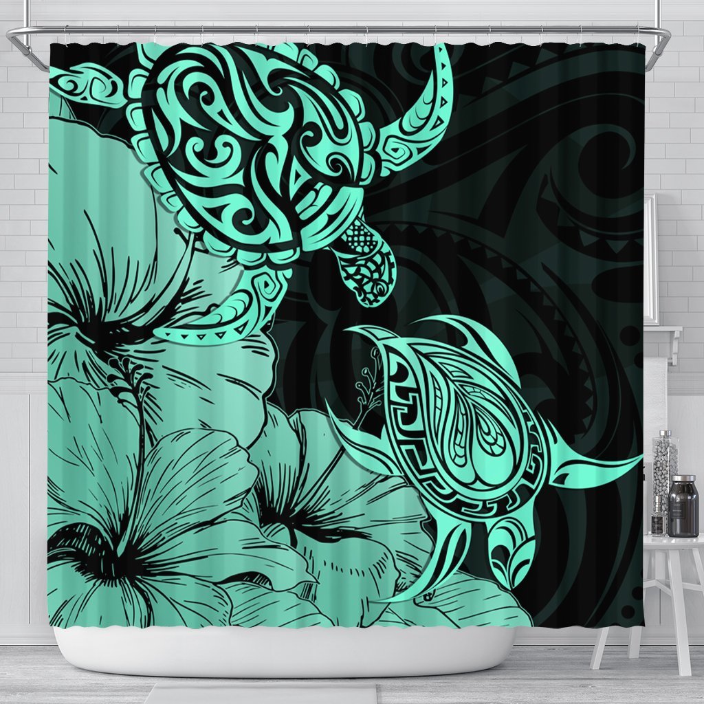 Hawaii Turtle Shower Curtain Polynesian Hibiscus Art Turquoise - AH 177 x 172 (cm) Black - Polynesian Pride