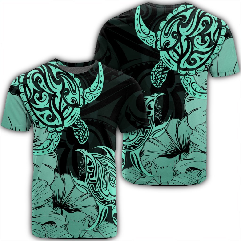 Hawaii Turtle T Shirt Polynesian Hibiscus Art Turquoise Unisex Black - Polynesian Pride