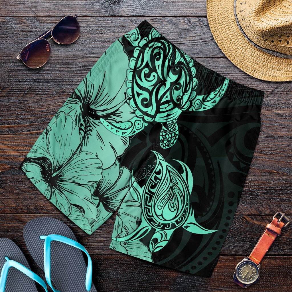 Hawaii Turtle Men's Shorts Polynesian Hibiscus Art Turquoise - AH Art - Polynesian Pride