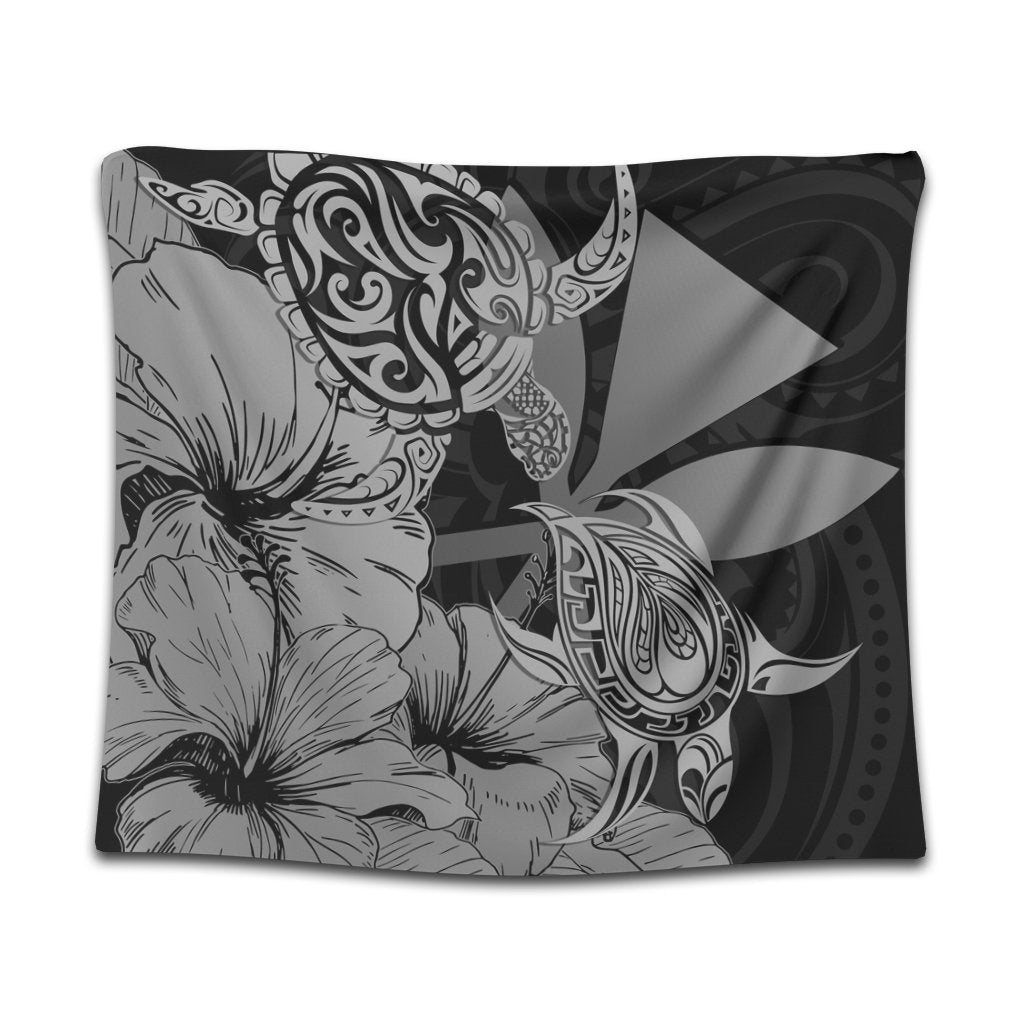 Hawaii Turtle Tapestry Polynesian Hibiscus Art Ver 2.0 Gray - AH Wall Tapestry Black - Polynesian Pride