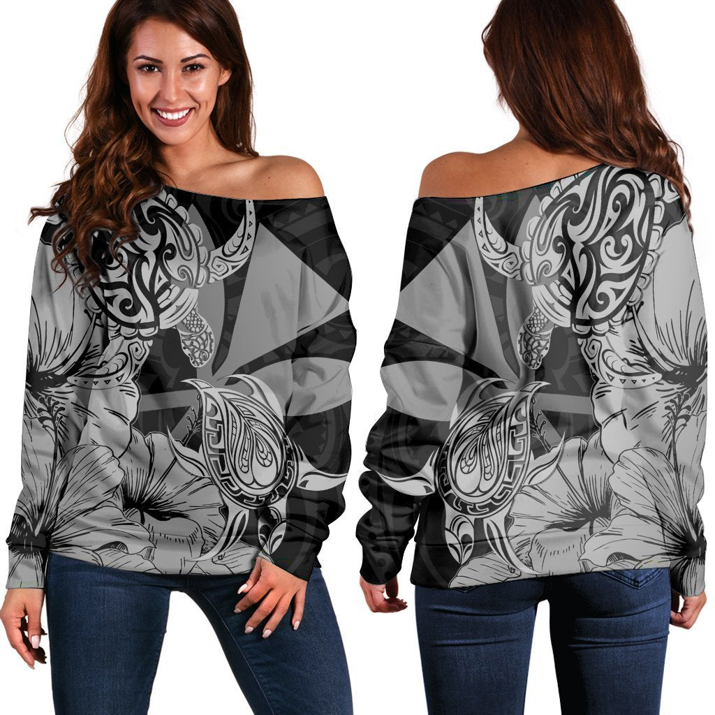 Hawaii Turtle Women's Off Shoulder Sweater Polynesian Hibiscus Art Ver 2.0 Gray - AH Black - Polynesian Pride