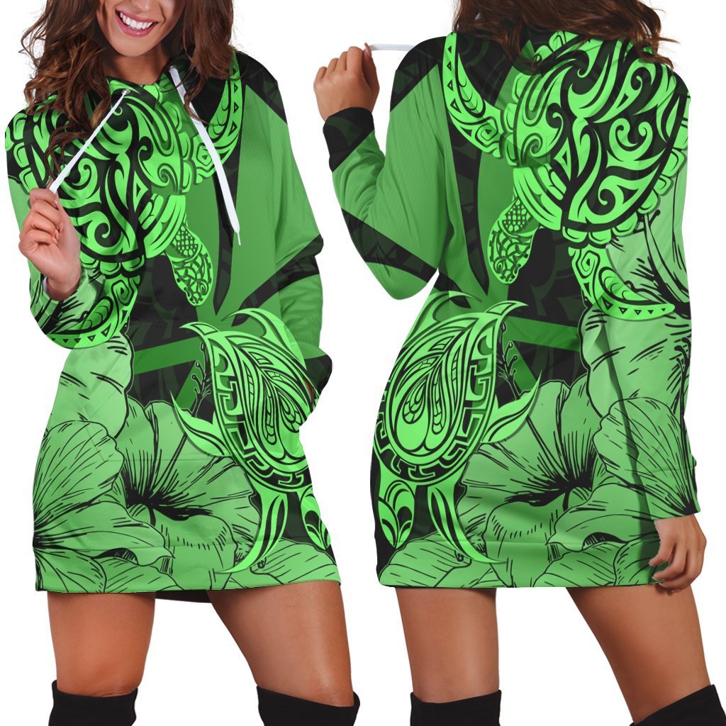 Hawaii Turtle Hoodie Dress Polynesian Hibiscus Art Ver 2.0 Green - AH Black - Polynesian Pride