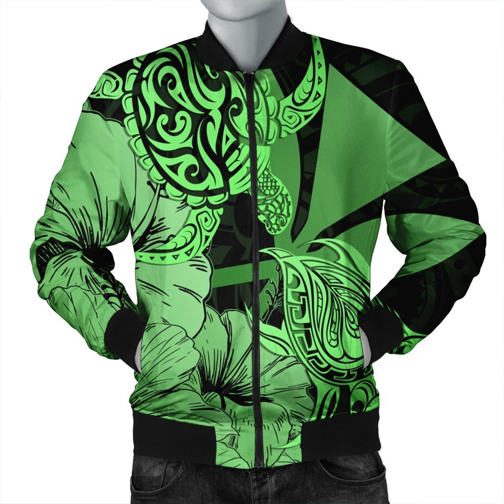 Hawaii Turtle Bomber Jacket Polynesian Hibiscus Art Ver 2.0 Green - AH Black Unisex - Polynesian Pride