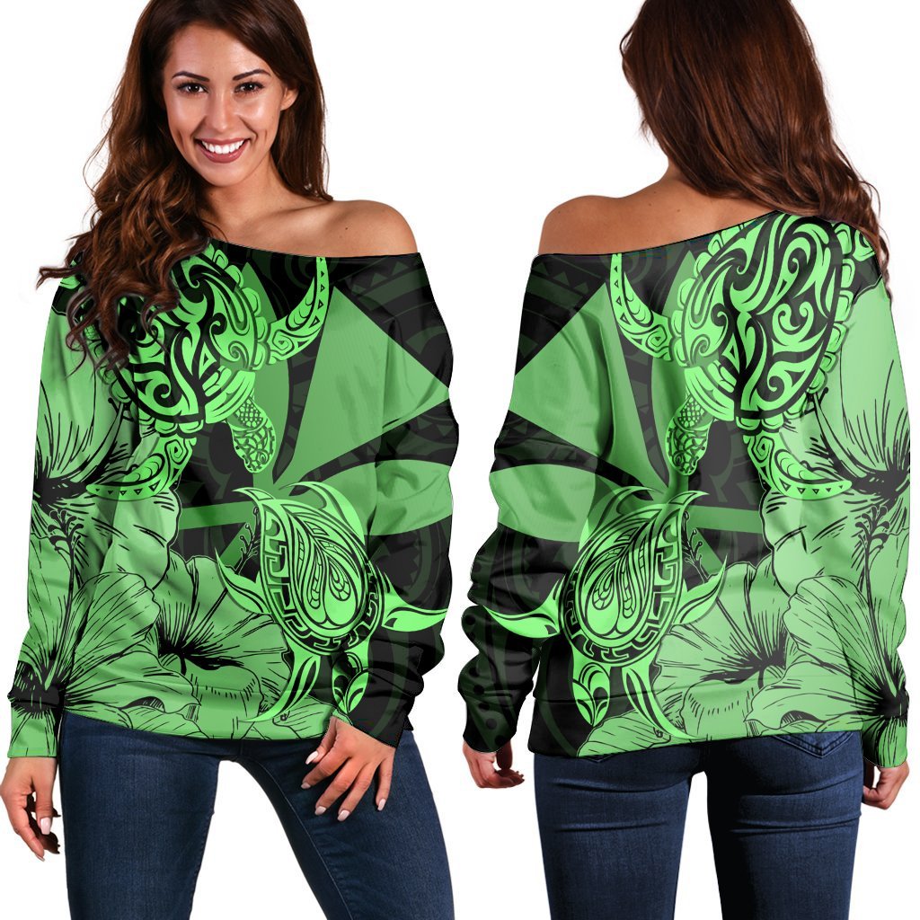 Hawaii Turtle Women's Off Shoulder Sweater Polynesian Hibiscus Art Ver 2.0 Green - AH Black - Polynesian Pride