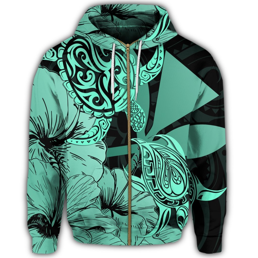 Hawaii Turtle Zip Hoodie Polynesian Hibiscus Art Ver 2.0 Turquoise - Polynesian Pride
