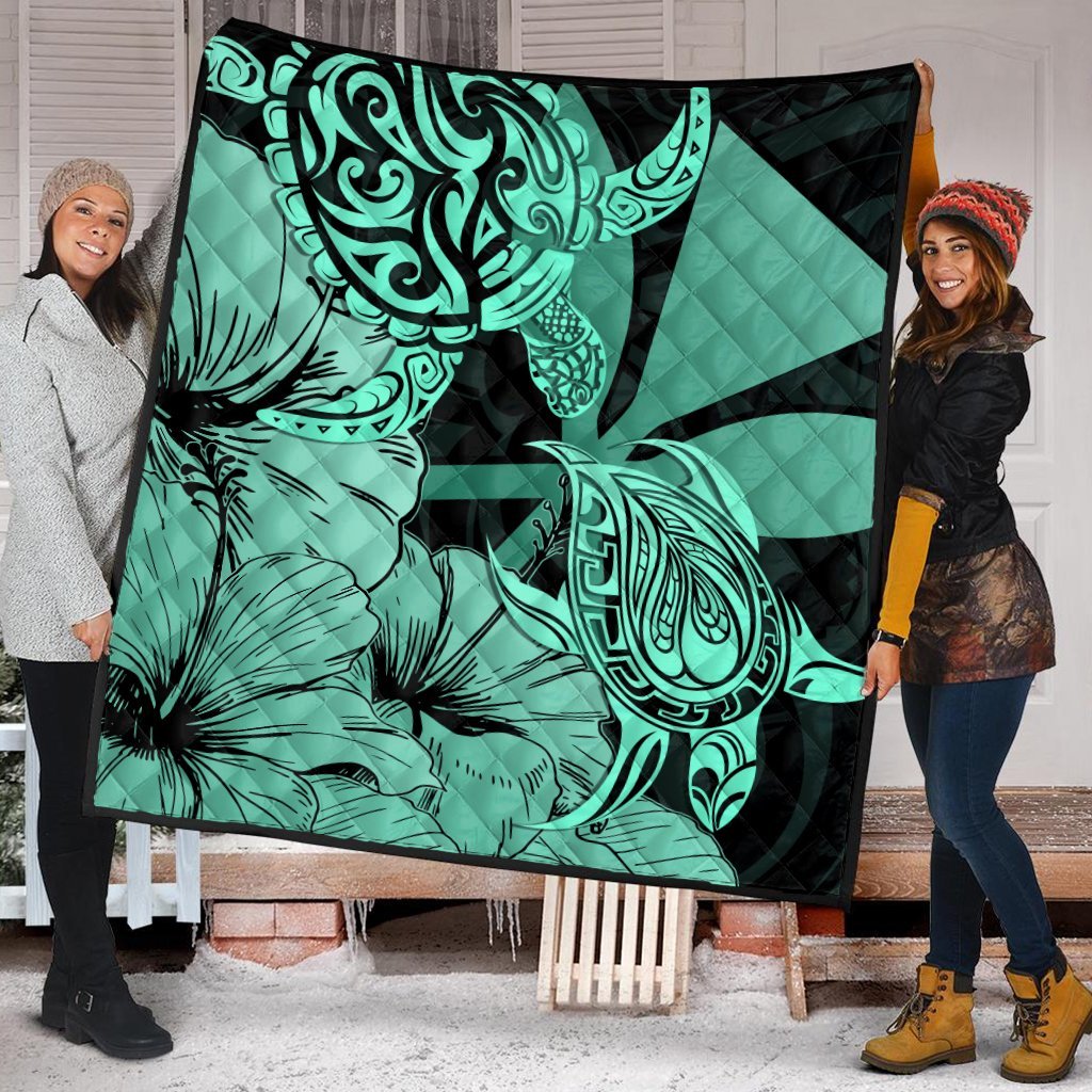 Hawaii Turtle Premium Quilts Polynesian Hibiscus Art Ver 2.0 Turquoise - AH - Polynesian Pride