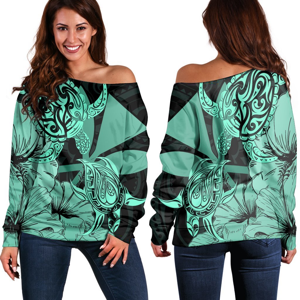 Hawaii Turtle Women's Off Shoulder Sweater Polynesian Hibiscus Art Ver 2.0 Turquoise - AH Black - Polynesian Pride