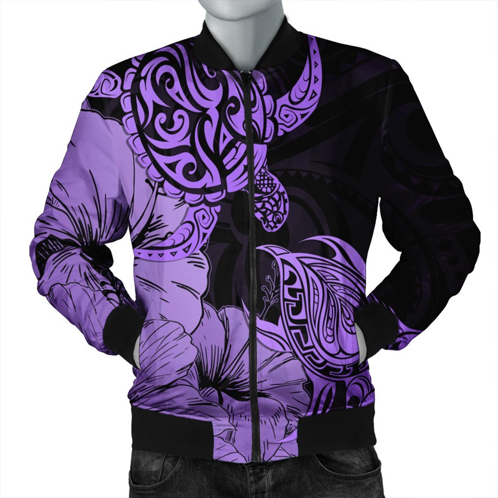 Hawaii Turtle Bomber Jacket Polynesian Hibiscus Art Violet - AH Black Unisex - Polynesian Pride