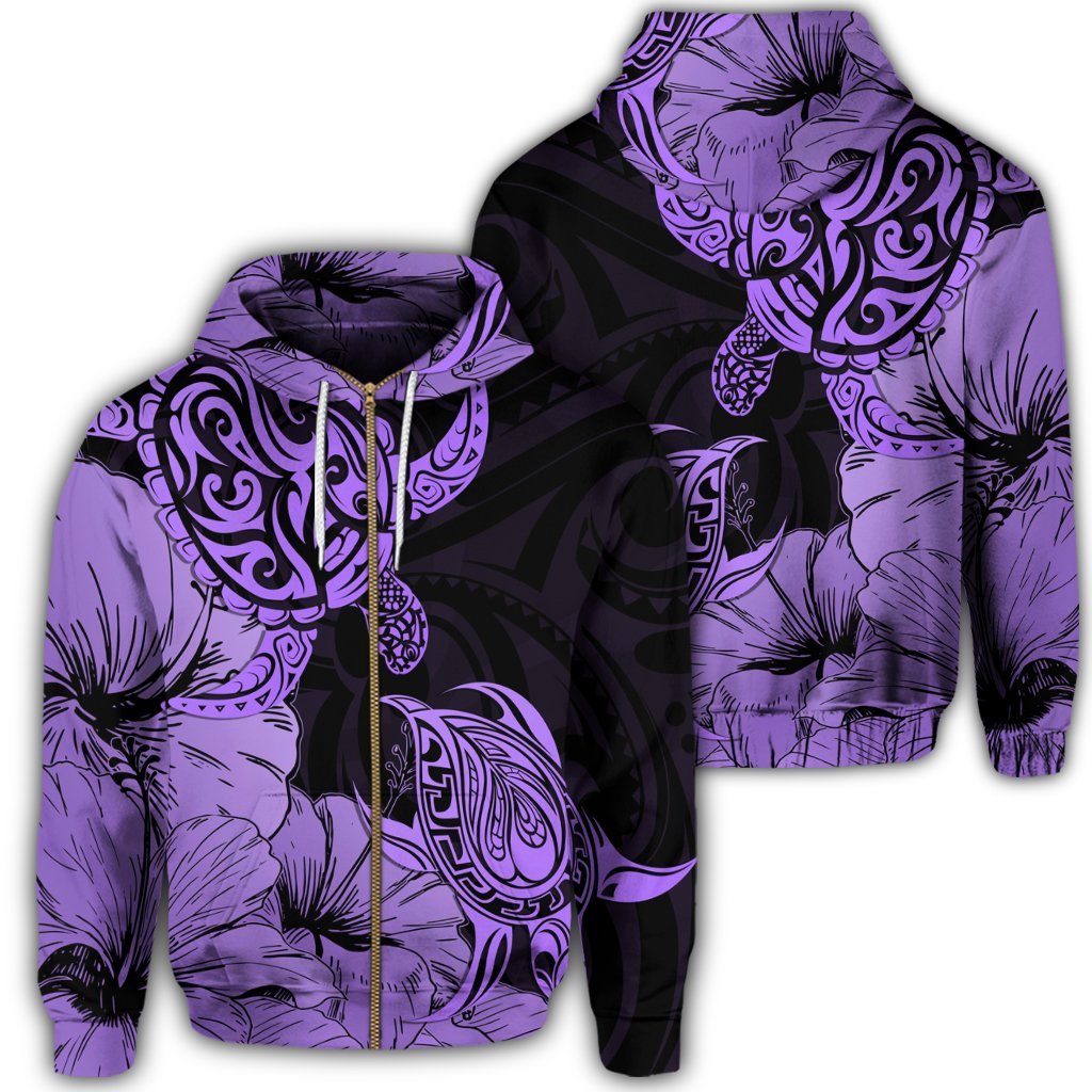 Hawaii Turtle Zip Hoodie Polynesian Hibiscus Art Violet Unisex Art - Polynesian Pride