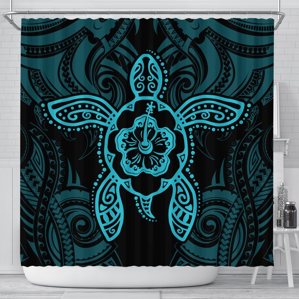 Hawaii Turtle Fixed Blue Shower Curtain AH 177 x 172 (cm) Black - Polynesian Pride