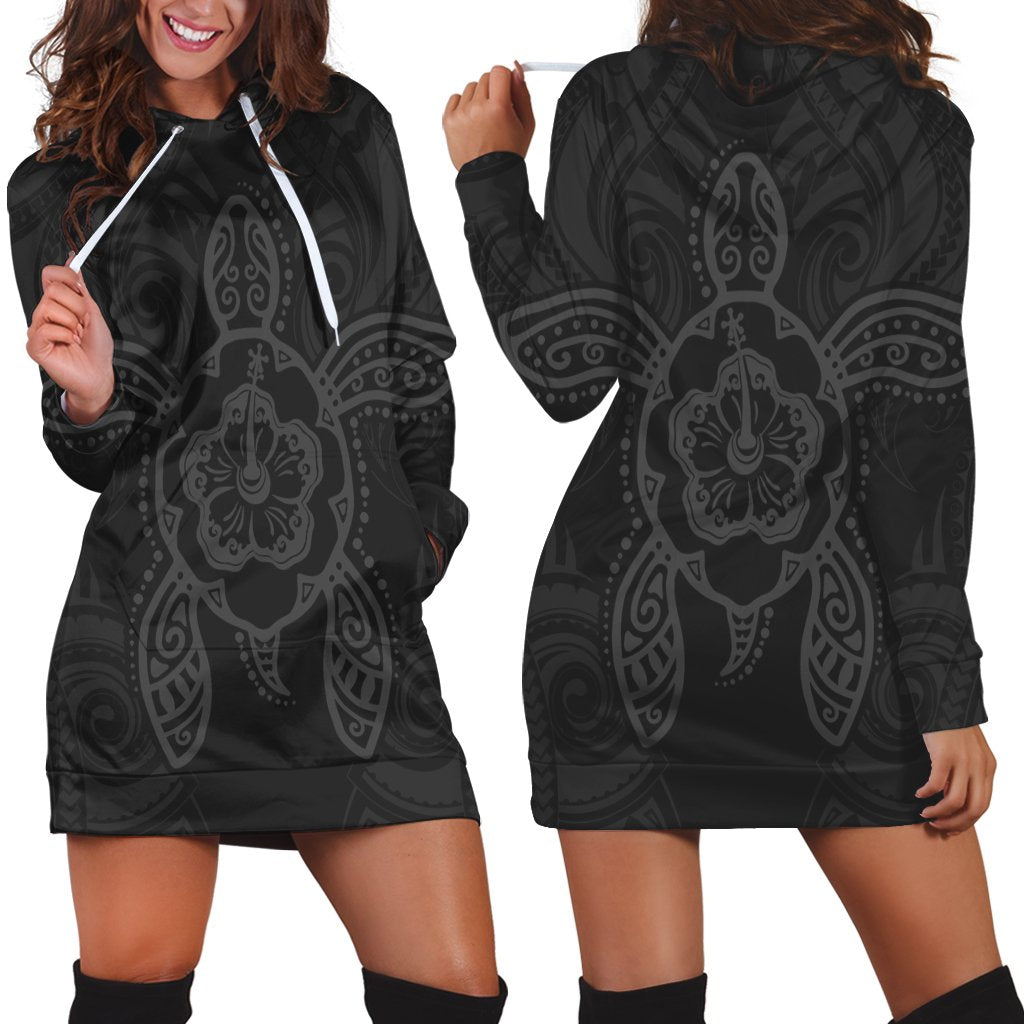 Hawaii Turtle Fixed Gray Hoodie Dress AH Black - Polynesian Pride