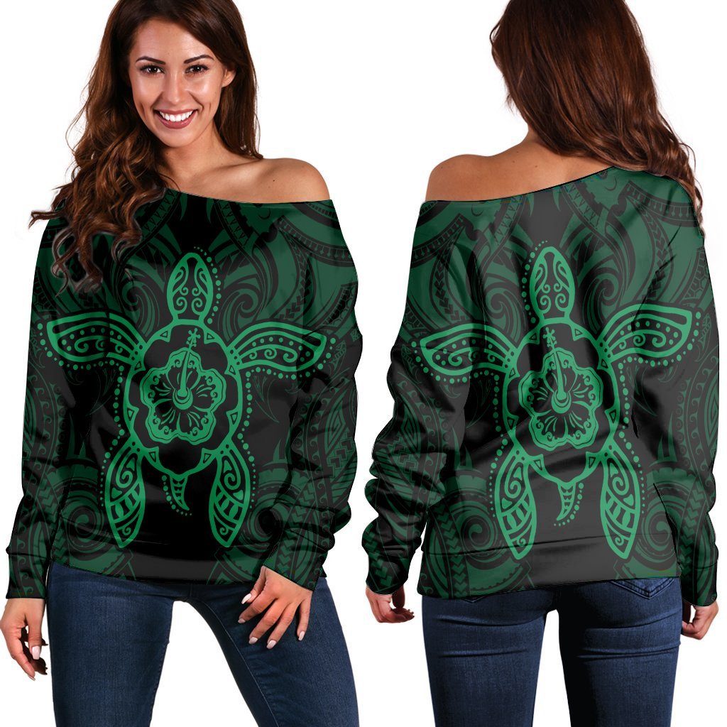 Hawaii Turtle Fixed Green Women's Off Shoulder Sweater AH Black - Polynesian Pride