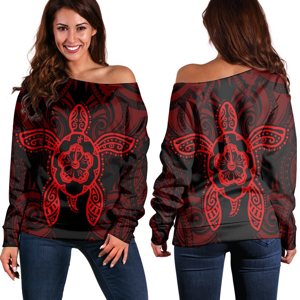 Hawaii Turtle Fixed Red Women's Off Shoulder Sweater AH Black - Polynesian Pride