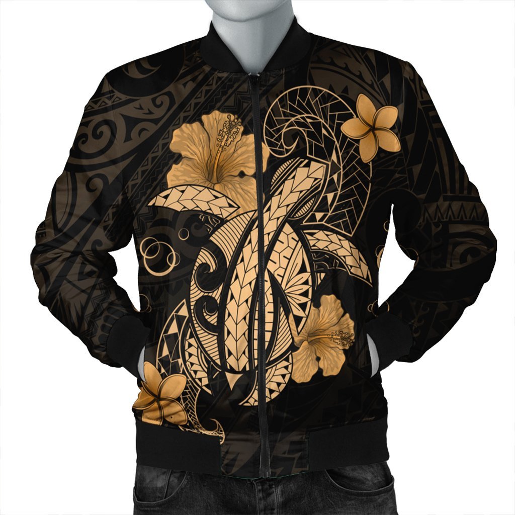 Hawaii Turtle Flower Polynesian Bomber Jacket - Gold - AH Black Unisex - Polynesian Pride