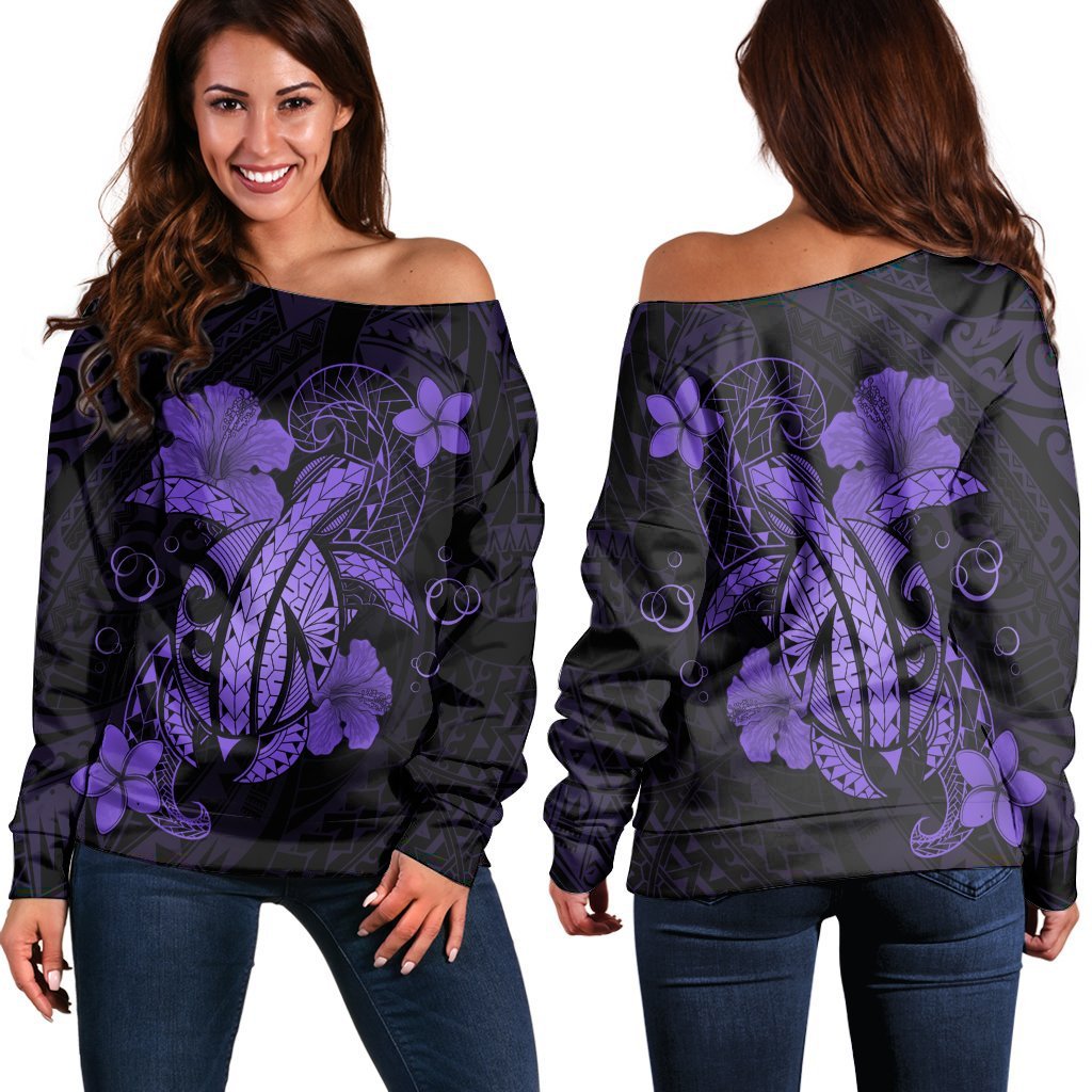 Hawaii Turtle Flower Polynesian Women's Off Shoulder Sweater - Purple - AH Black - Polynesian Pride