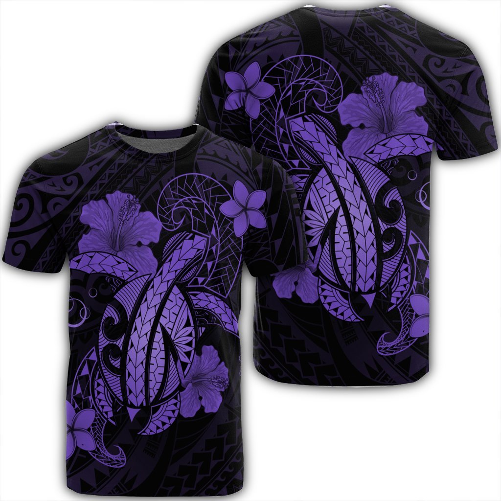 Hawaii Turtle Flower Polynesian T Shirt Purple Unisex Black - Polynesian Pride