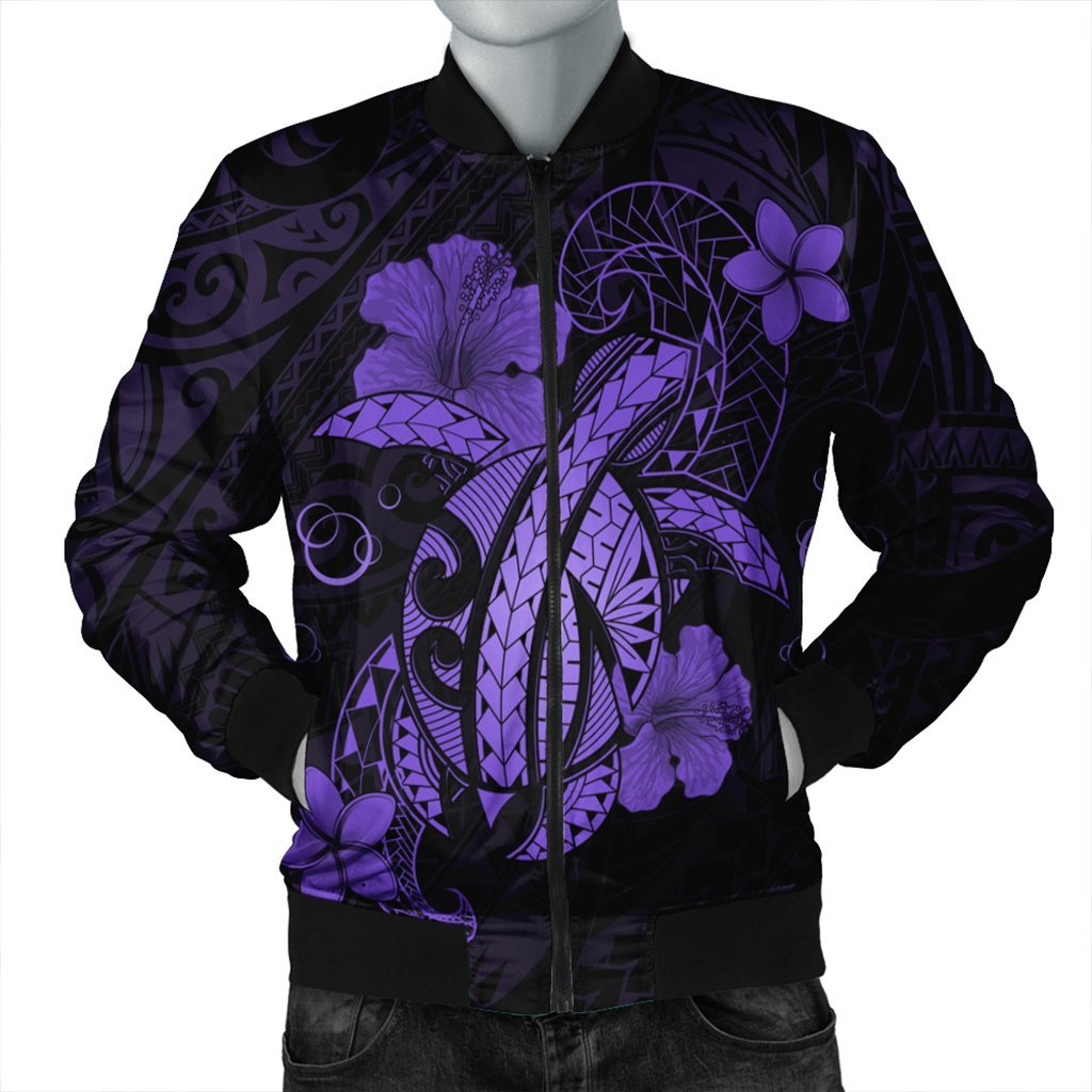 Hawaii Turtle Flower Polynesian Bomber Jacket - Purple - AH Black Unisex - Polynesian Pride