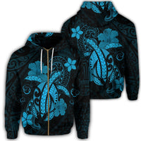 Hawaii Turtle Flower Polynesian Zip Hoodie Turquoise Unisex Art - Polynesian Pride