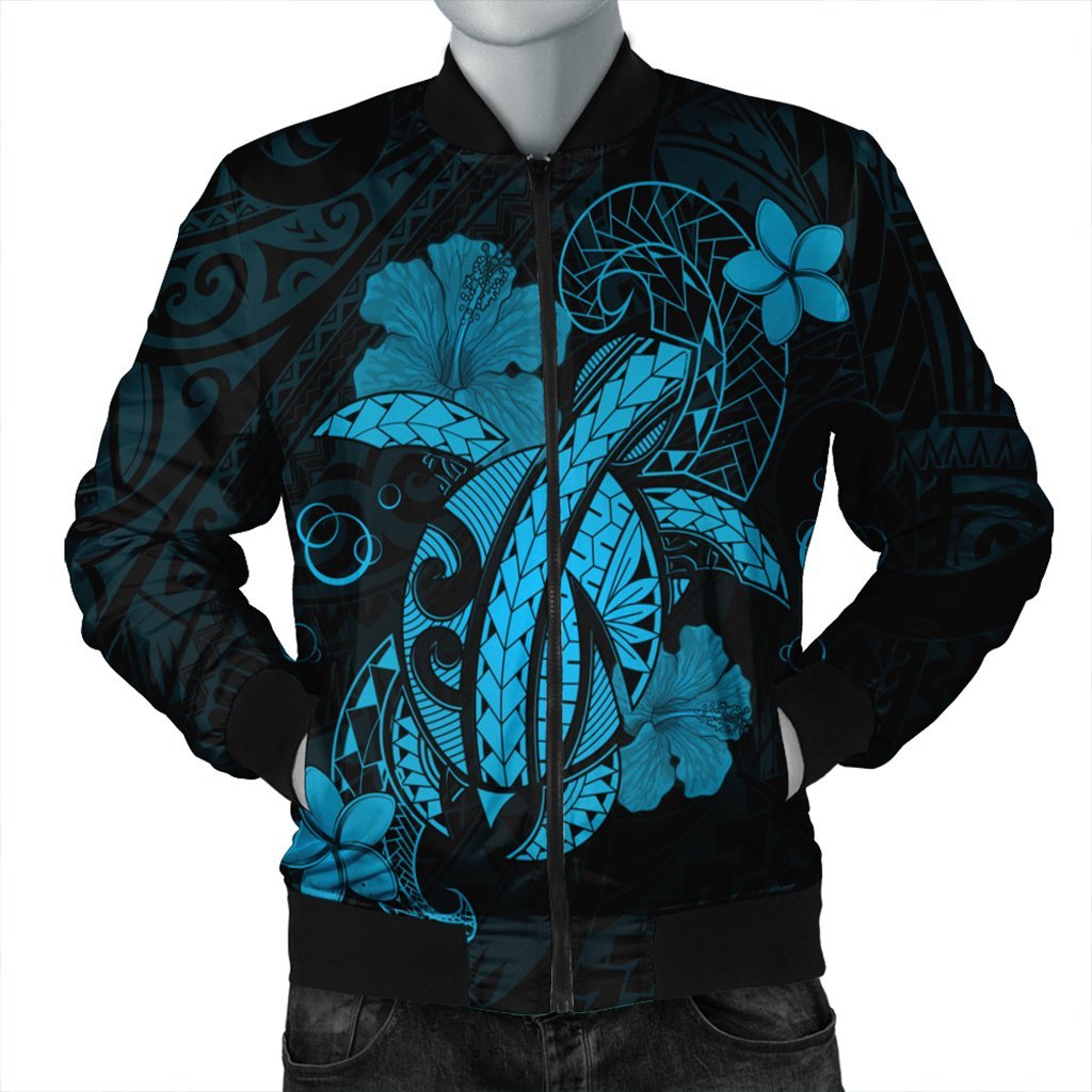 Hawaii Turtle Flower Polynesian Bomber Jacket - Turquoise - AH Black Unisex - Polynesian Pride