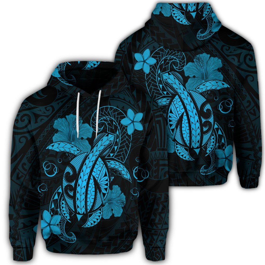 Hawaiian Turtle Flower Polynesian Hoodie Turquoise Unisex Art - Polynesian Pride