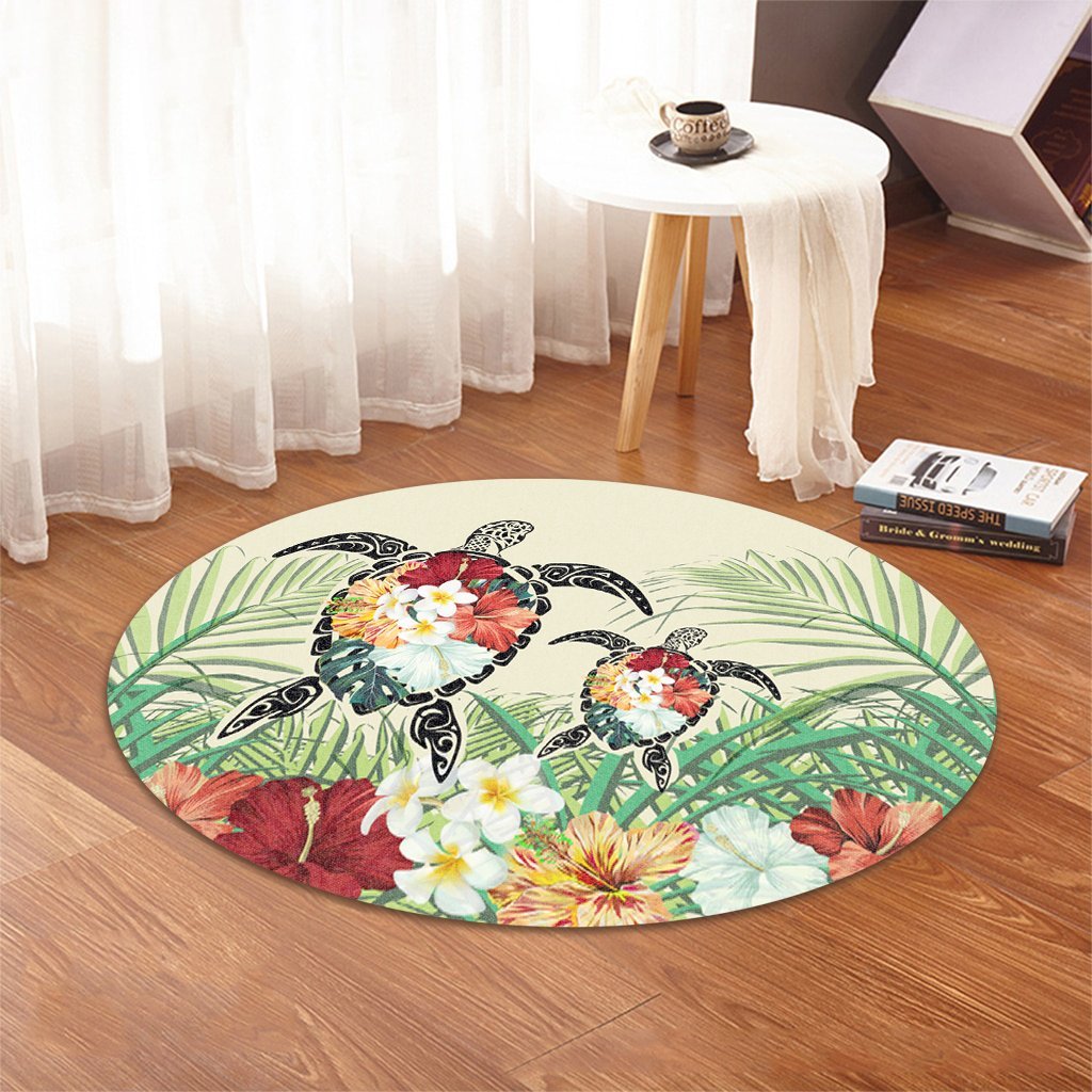 Hawaii Turtle Flowers Coconut Tree Leaf Round Carpet - AH - Polynesian Pride