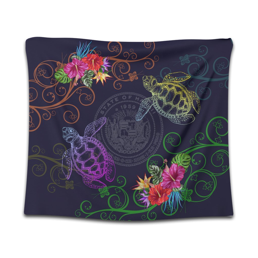 Hawaii Turtle Hibiscus Tapestry - Day Style - AH Wall Tapestry Black - Polynesian Pride