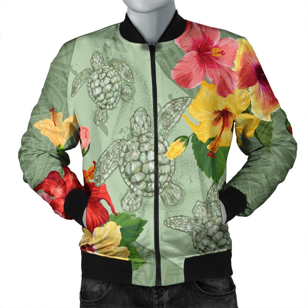 Hawaii Turtle Hibiscus Bomber Jacket - Tink Style - AH Black Unisex - Polynesian Pride