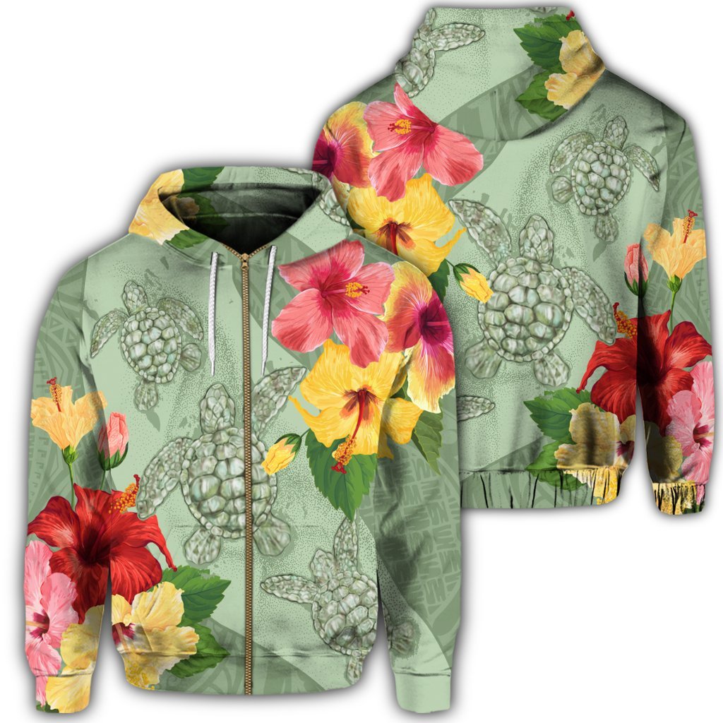 Hawaii Turtle Hibiscus Zip Hoodie Tink Style Unisex Art - Polynesian Pride