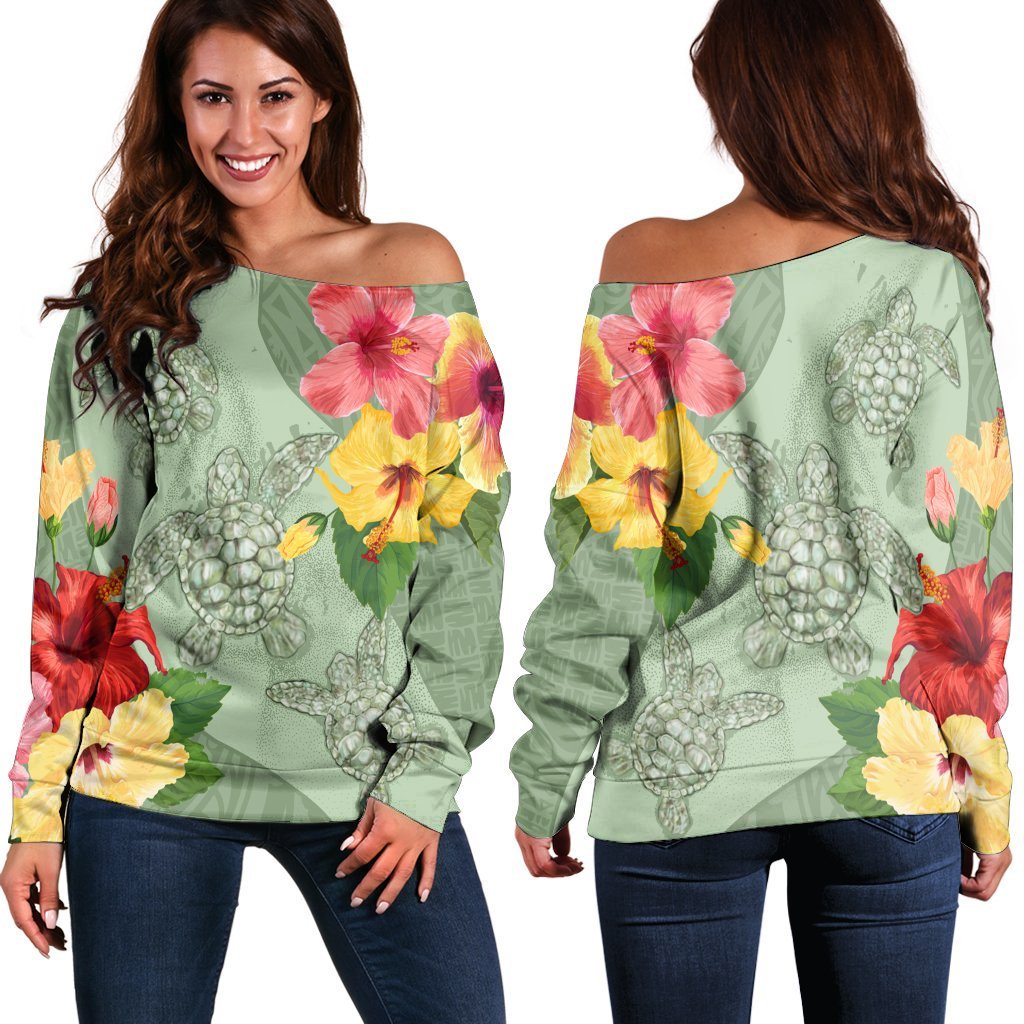 Hawaii Turtle Hibiscus Women's Off Shoulder Sweater - Tink Style - AH Black - Polynesian Pride