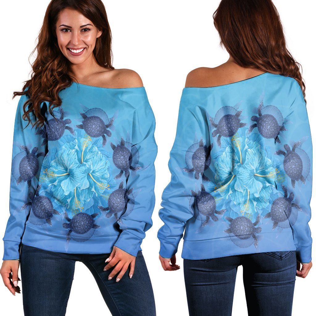 Hawaii Turtle Hibiscus Blue Women's Off Shoulder Sweater - AH Black - Polynesian Pride