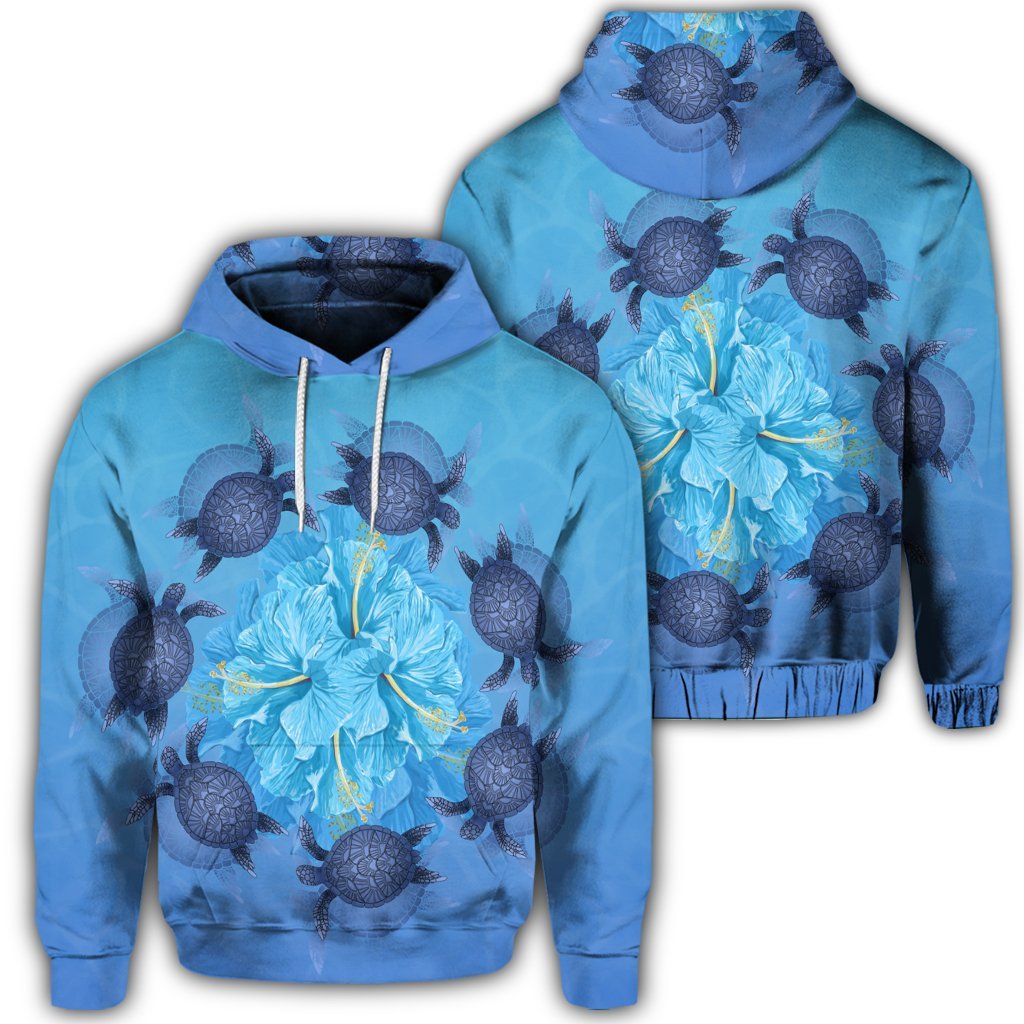 Hawaiian Turtle Hibiscus Blue Hoodie Unisex Art - Polynesian Pride