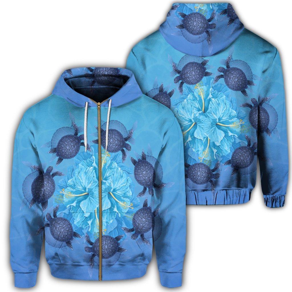 Hawaii Turtle Hibiscus Blue Zip Hoodie Unisex Art - Polynesian Pride
