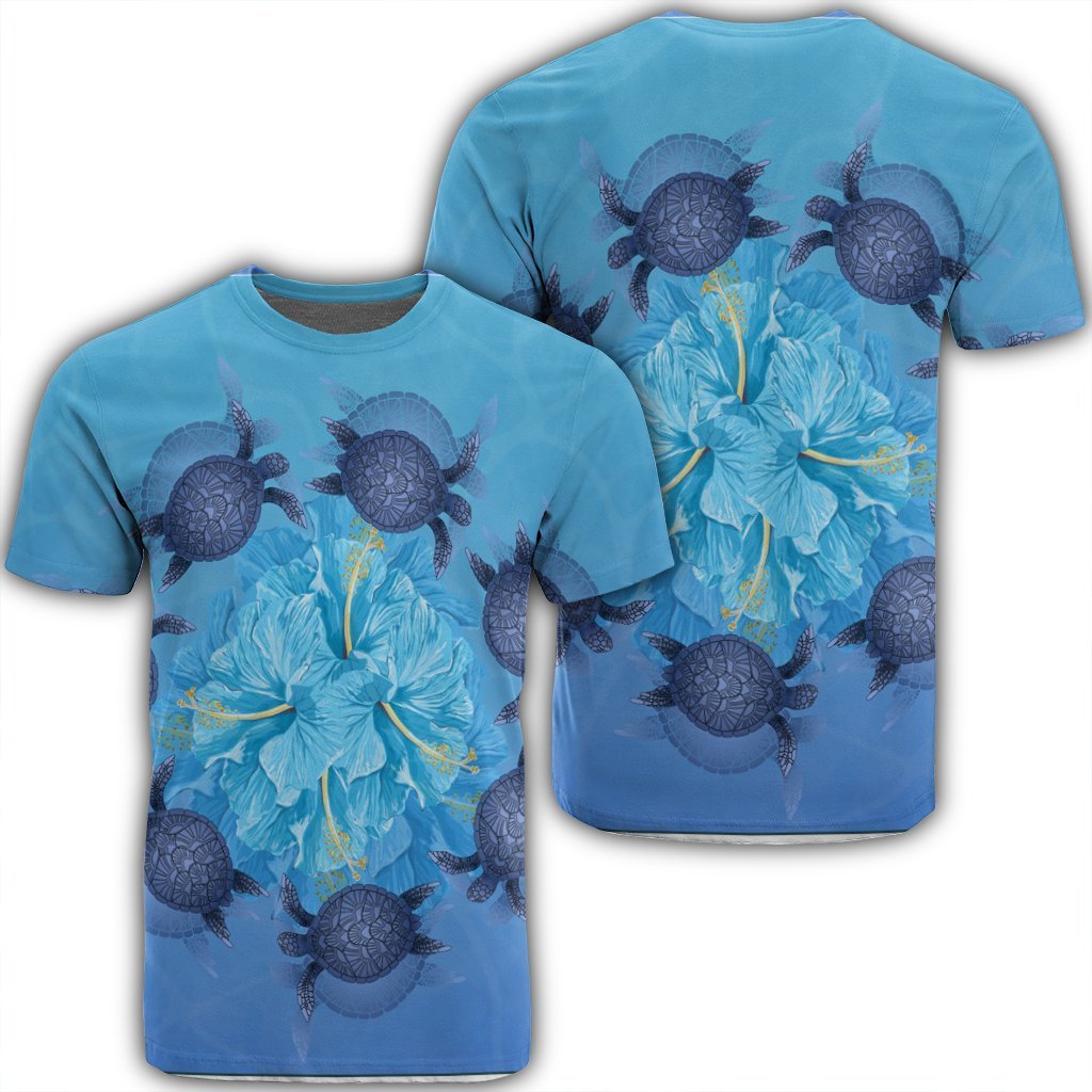 Hawaii Turtle Hibiscus Blue T Shirt Unisex Black - Polynesian Pride